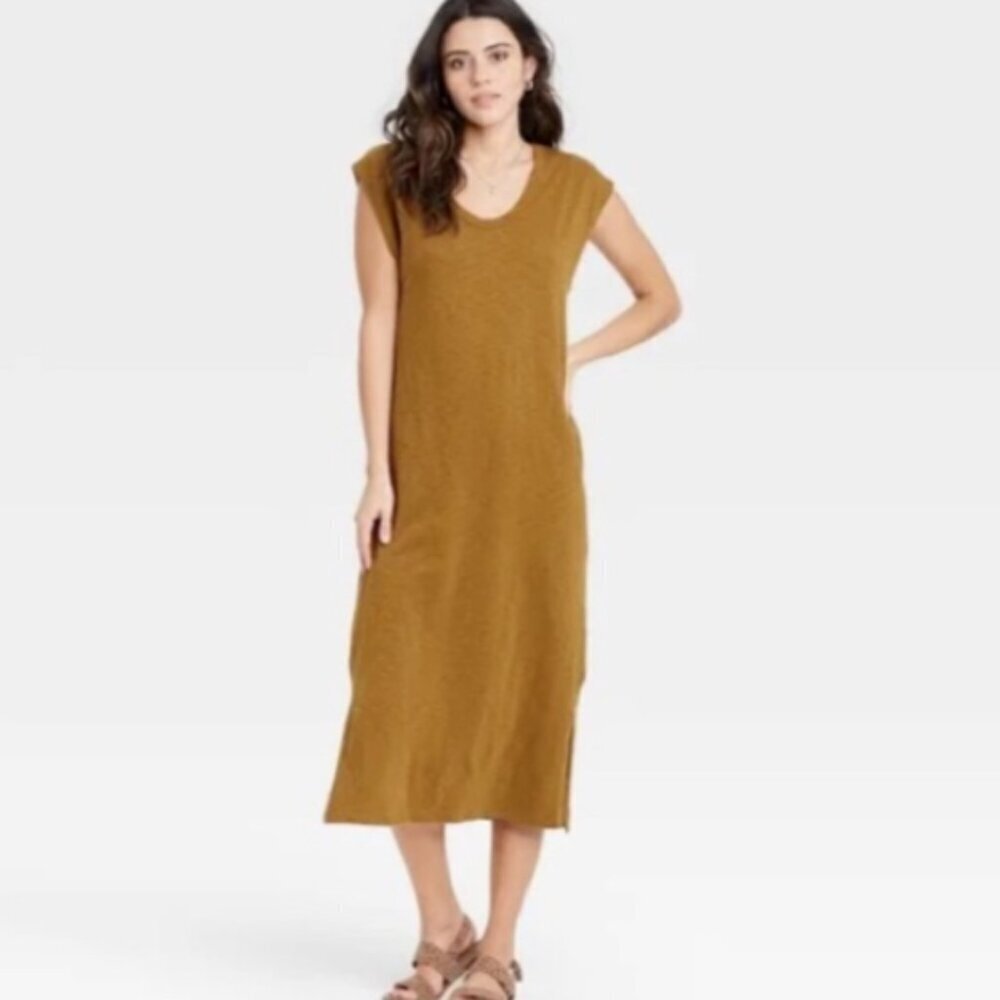 Universal Thread Midi Casual Tee-Shirt Dress S Mustard/Yellow-Brown #347H